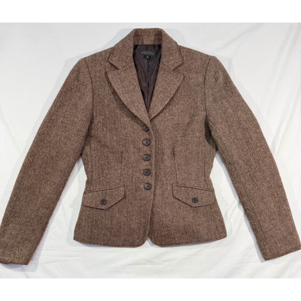 Tahari Arthur S. Levine Brown Herringbone Wool Blend Blazer Jacket Womens 2